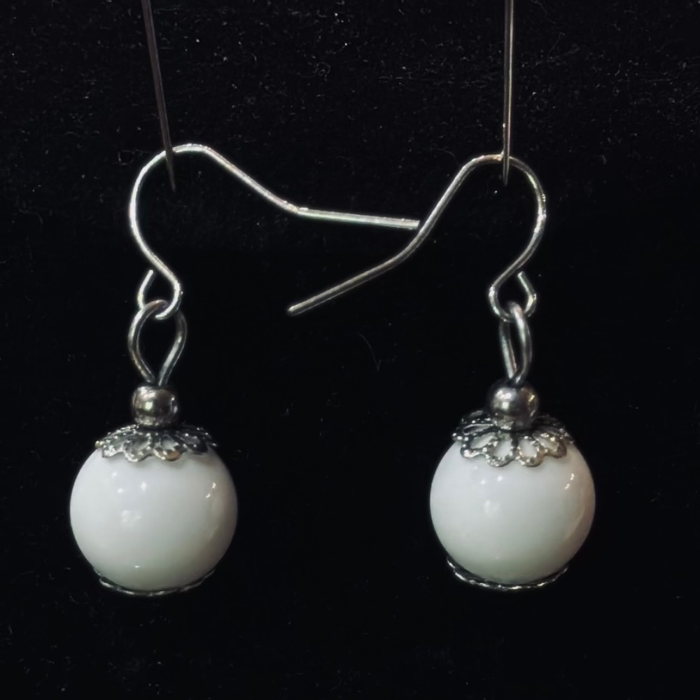 White Bead Dangle Earrings
